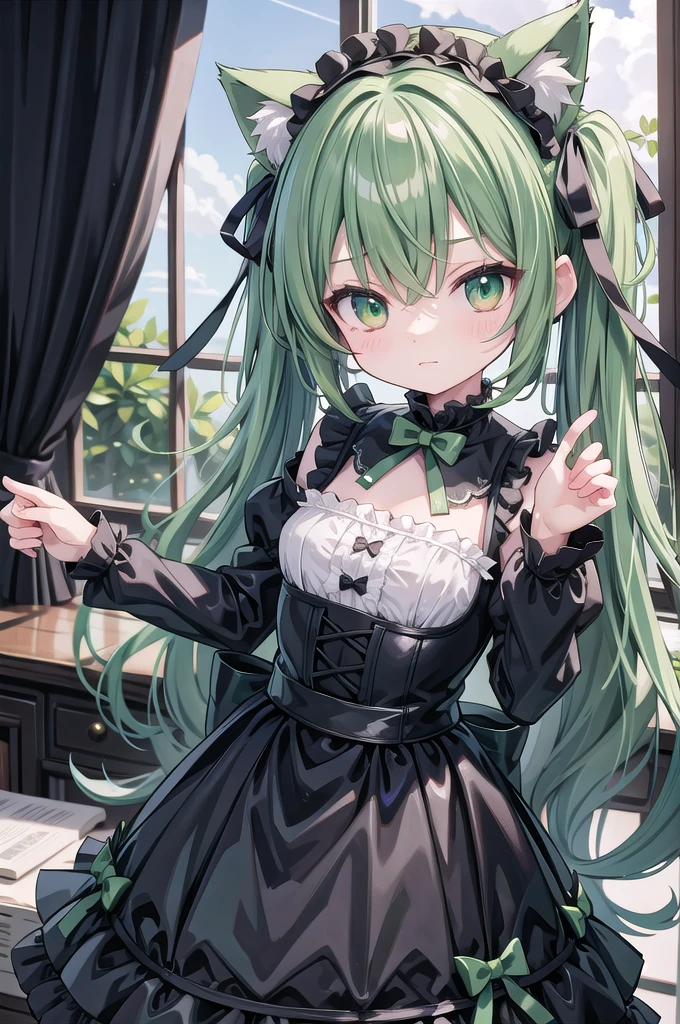 Super Deformed green hair Cat ears Curly hair Gothic Lolita BIG ribbon
