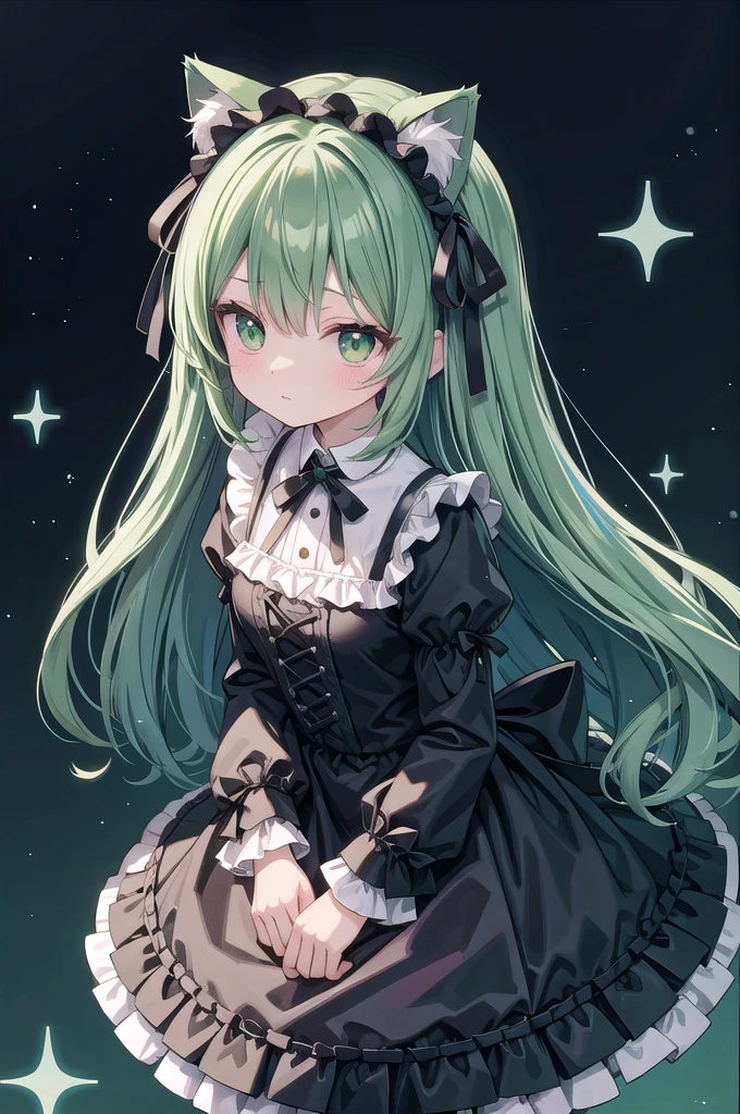 Super Deformed green hair Cat ears Curly hair Gothic ta BIG ribbon