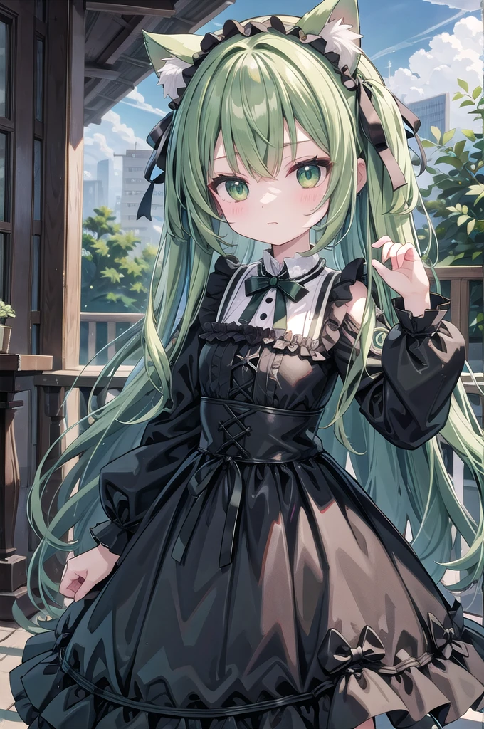 Super Deformed green hair Cat ears Curly hair Gothic ta BIG ribbon