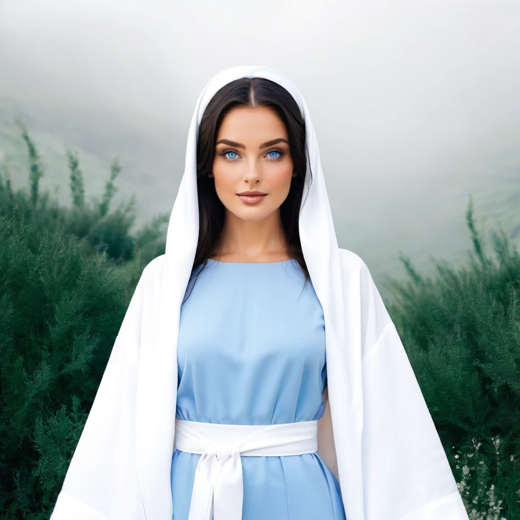 Beautiful woman with light blue eyes wearing a blue tunic with wide, long sleeves adjusted at the waist by a white sash 