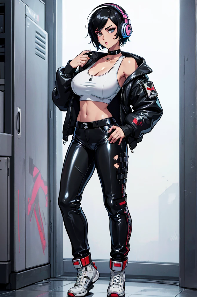(masterpiece, best quality, high resolution, (huge breasts)) 1girl, short black hair, white latex tank top, white cyberpunk style latex pants, black cyberpunk style jacket, choker, earrings, bracelets, big cyberpunk style. headphones. head,(white background, Stickers.Redmond ), ((full body standing)),