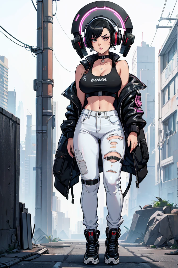 (masterpiece, best quality, high resolution, (huge breasts)) 1girl, short black hair, white latex tank top, white cyberpunk style latex pants, black cyberpunk style jacket, choker, earrings, bracelets, big cyberpunk style. headphones. head,(white background, Stickers.Redmond ), ((full body standing)),
