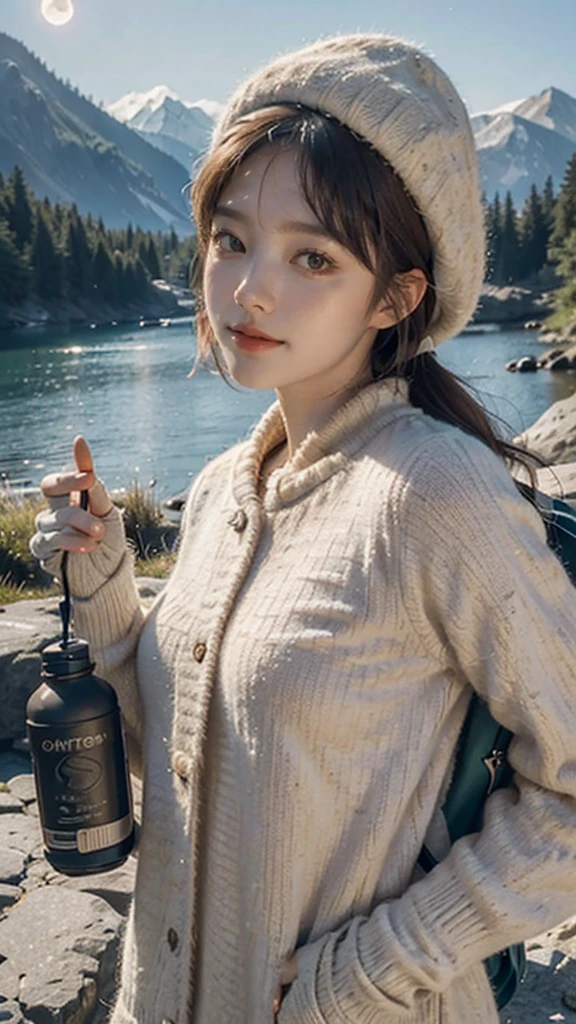 1 woman((upper body selfie, happy)), masterpiece, best quality, ultra-detailed, solo, outdoors, (night), mountains, nature, (stars, moon) cheerful, happy, backpack, sleeping bag, camping stove, water bottle, mountain boots, gloves, sweater, hat, flashlight, forest, rocks, river, wood, smoke, shadows, contrast, clear sky, analog style (look at viewer:1.2) (skin texture) (film grain:1.3), (warm hue, warm tone), strap less blouse of lavender color 