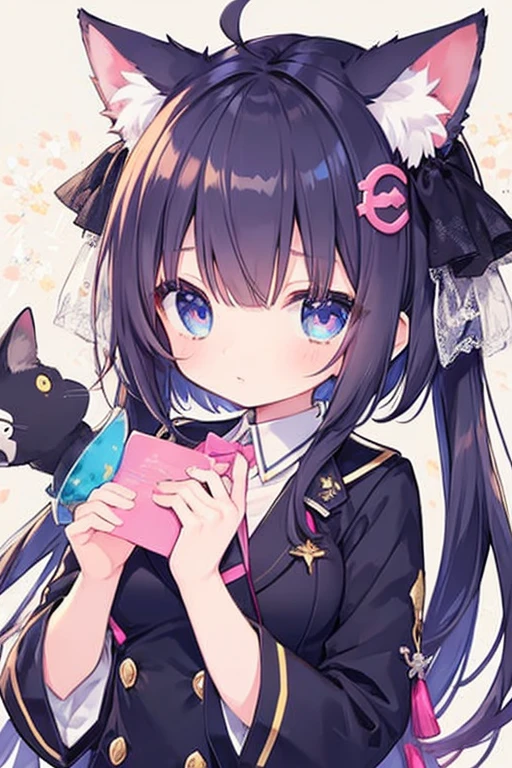 navy uniform、Elementary school girl、7-year-old girl,Pink shortcuts,Very beautiful and Shining Eyes、Shining Eyes、1 Girl、Large Breasts、Cat ear、