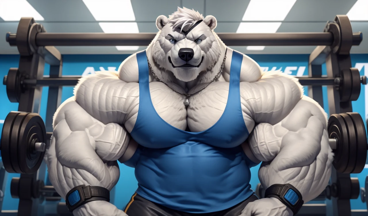 Brock Ólafsson The Huge Muscled Polar Bear, with White Hair, Blue Tank Top, Black Wristbands and Black Gym Shorts, Flexing His Thorax.