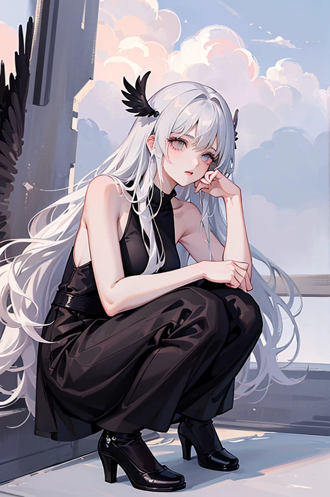 ((Highest quality)), ((masterpiece)), (detailed), One girl,Silver Hair,Long Hair,Dark Skin,Wearing a black sleeveless dress,Wear black high heels,Squatting pose on top of a chimney,Morning sky,cloud,He has black wings on his back like a fallen angel.,Look away