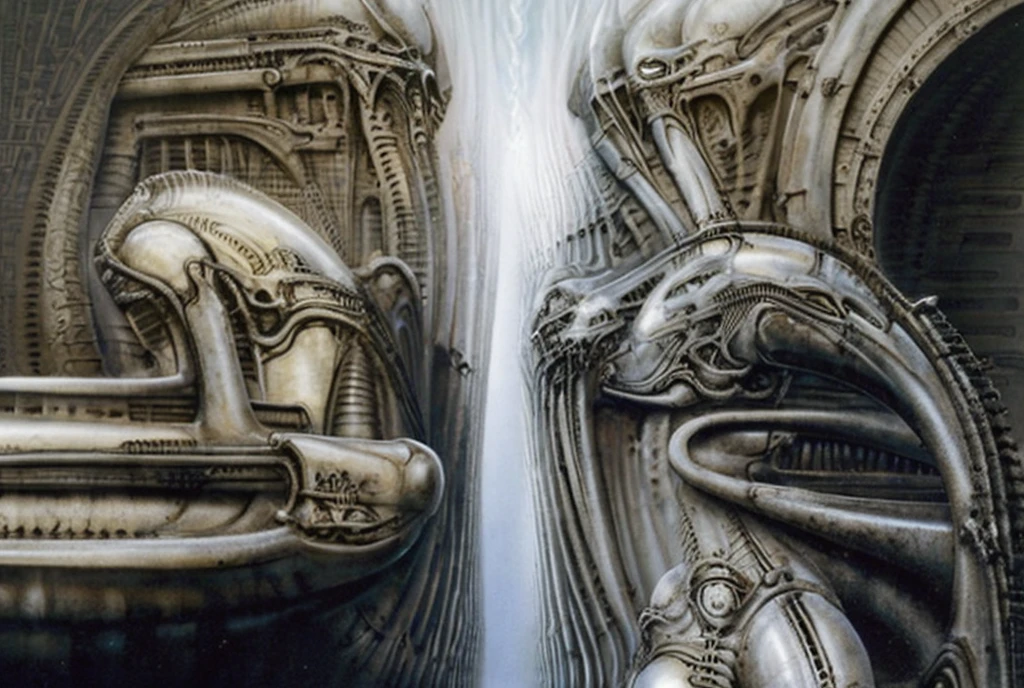 g1g3r, Giger_style, The image is a detailed view of H.R. Giger's \" biomechanical landscape no 312\" plate, featuring a complex network of bones and organs in a purple-brown hue ,swirling gray and brown colorsgroup of three alien figures positioned in the foreground. Emaciated and skeletal, with hollow eyes, they appear to be constructed from bone and metallic elements, a characteristic fusion of organic and mechanical forms found in Giger's biomechanical art.
The image features a robotic humanoid figure with intricate mechanical details, standing in a room with a glowing screen displaying the word \"EVE\" and a hand reaching out to touch its face. The background is a dark and limited space painted in a uniform blue-green color. This lack of detail keeps the focus on the figures and creates a sense of mystery about their environment. Receding into the distance are a series of arches and tunnels that hint at a larger biomechanical landscape, possibly the work of the creatures themselves The artwork is silver and purplish brown, with an ivory bones prominently displayed. The image is highly detailed and intricate, almost like a 3d version of a medical diagram (detailed view of an anatomy model, possibly of a human body, with transparent organs and bones exposed). The piece has a thick mechano-organic texture and is covered in fine details. The image has a swirling, organic quality to it. The artistic manner would be unmistakably Gigeresque. A dark and unsettling beauty would permeate the piece, blurring the lines between fascination and repulsion , forever haunted by the grotesque allure. Giger's signature artistic manner would be evident in every stroke. The airbrush would be wielded with masterful precision to create a hyperrealistic yet nightmarish aesthetic.., ooze soaked pajama top