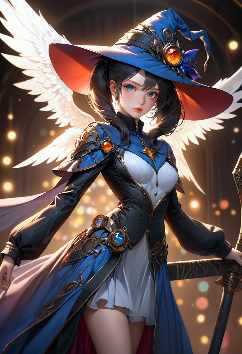 witch hat, twin tails, scythe, angel wings, sci-fi, 1girl, detailed face, beautiful detailed eyes, beautiful detailed lips, extremely detailed eyes and face, long eyelashes, fantasy, digital painting, digital art, concept art, highly detailed, intricate details, cinematic lighting, vivid colors, dramatic shadows, dynamic pose, photorealistic, (best quality, 4k, 8k, highres, masterpiece:1.2), ultra-detailed, (realistic, photorealistic, photo-realistic:1.37), HDR, UHD, studio lighting, ultra-fine painting, sharp focus, physically-based rendering, extreme detail description, professional, vivid colors, bokeh