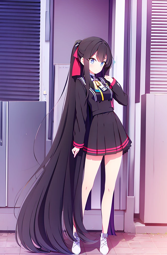 hair length about 5 meters girl long_hair black_hair tall black_uniform highschool 1girl high ponytail