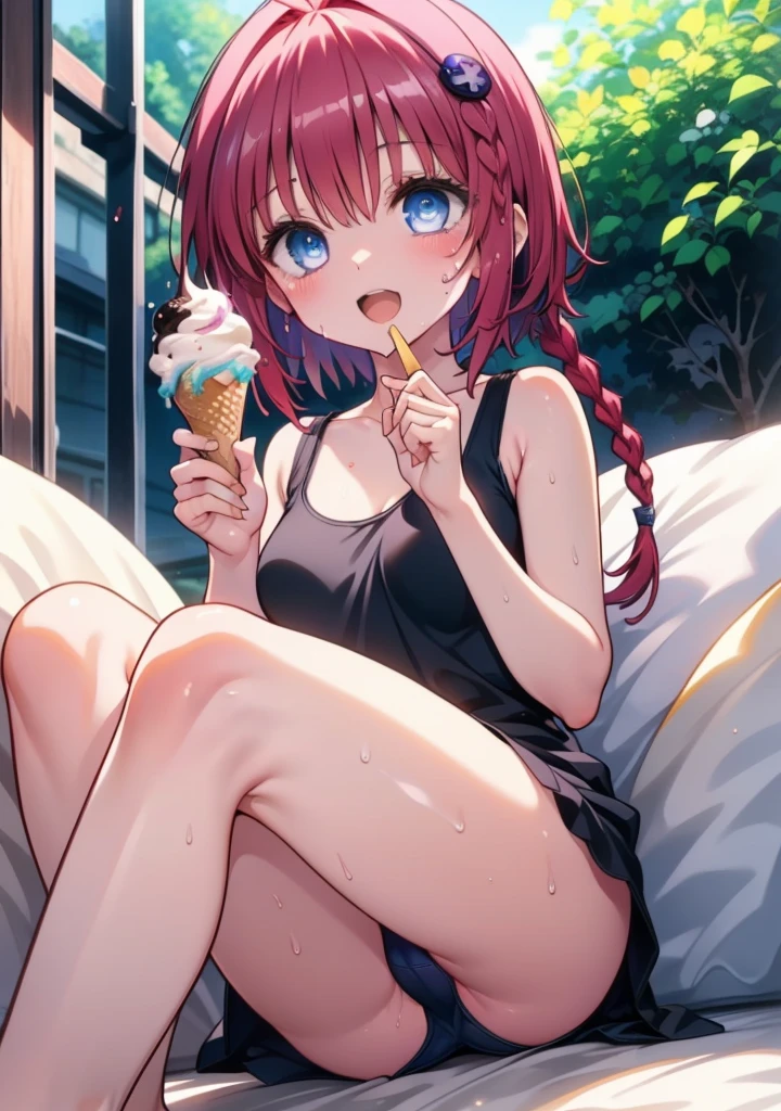 Mea kurosaki,Mea Kurosaki,Redhead,Long Hair,Long braids,Purple eyes,smile,Open your mouth,Black Tank Top,Black string underwear,barefoot,Sweat,Holding ice cream in both hands,Eating ice cream,Sitting on the sofa,whole bodyがイラストに入るように,
break looking at viewer, whole body, break outdoors, room, break (masterpiece:1.2), Highest quality, High resolution, unity 8k wallpaper, (shape:0.8), (Beautiful and beautiful eyes:1.6), Highly detailed face, Perfect lighting, Extremely detailed CG, (Perfect hands, Perfect Anatomy),
