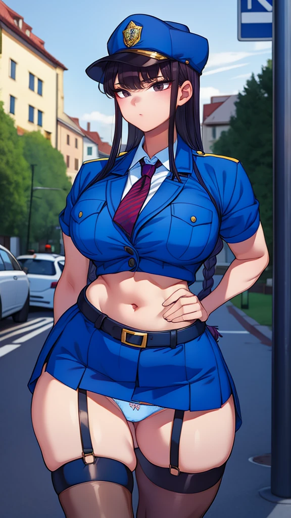a cartoon character in a sexy suit posing on the street with a bush, police officer, police uniform, 1 girl, police woman, shirt, skirt, hat, tie, police cap, blue eyes, gloves, breasts, purple hair very dark, thighs, solo, navel, garter straps, looking at viewer, short sleeves, large breasts, underwear, miniskirt, midriff, ass visible through thighs, panties, outdoors, indentation, braid, hand in hand hip, belt, black skirt, uniform, collared shirt, frown, thigh highs, peaked cap, crop top, black panties, blue shirt, chest pocket, V-shaped eyebrows, Eiko Tsukimi, blue eyes, purple hair very dark baseball cap