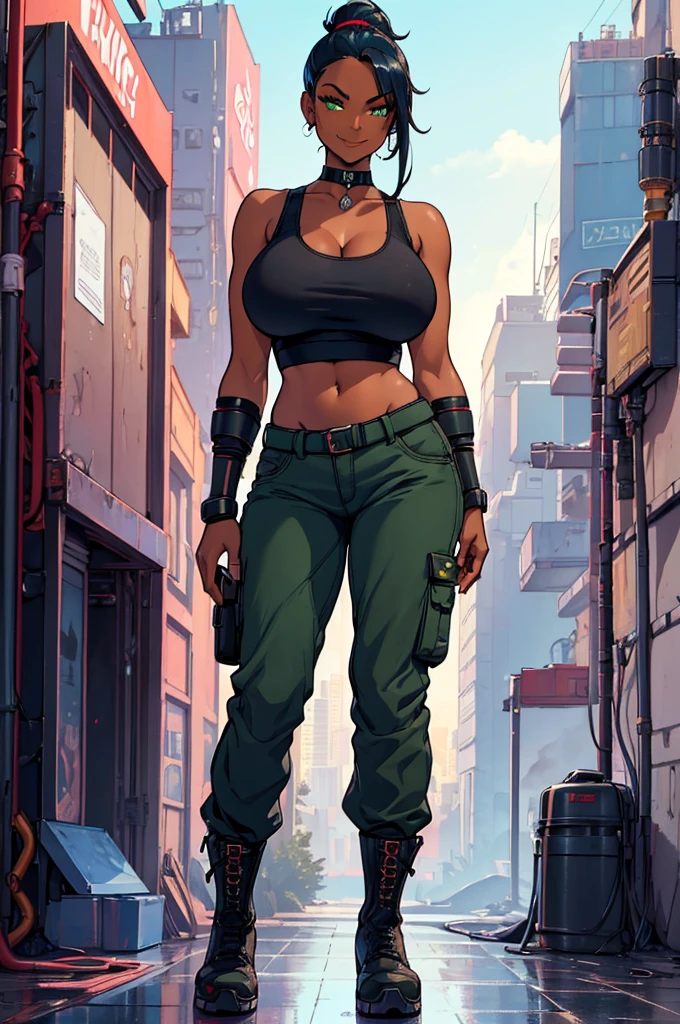 (masterpiece, best quality, high resolution, (huge breasts)) 1 beautiful woman, (((dark skin))) dark blue hair tied in a ponytail,, green eyes, sivernetic arms cyberpunk style, tank top, choker, cyberpunk style wide pants, boots, smile(white background, Stickers.Redmond ), ((full body standing)),
