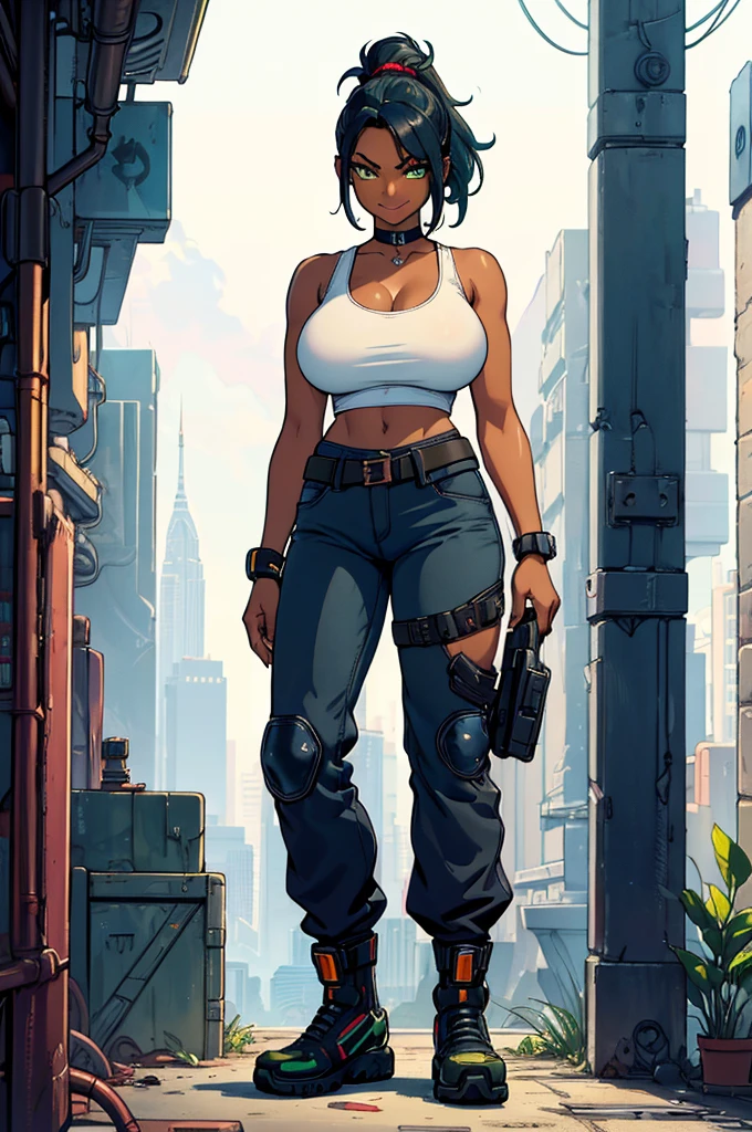 (masterpiece, best quality, high resolution, (huge breasts)) 1 beautiful woman, (((dark skin))) dark blue hair tied in a ponytail,, green eyes, sivernetic arms cyberpunk style, tank top, choker, cyberpunk style wide pants, boots, smile(white background, Stickers.Redmond ), ((full body standing)),
