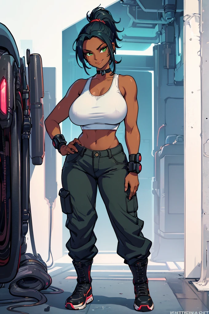 (masterpiece, best quality, high resolution, (huge breasts)) 1 beautiful woman, (((dark skin))) dark blue hair tied in a ponytail,, green eyes, sivernetic arms cyberpunk style, tank top, choker, cyberpunk style wide pants, boots, smile(white background, Stickers.Redmond ), ((full body standing)),
