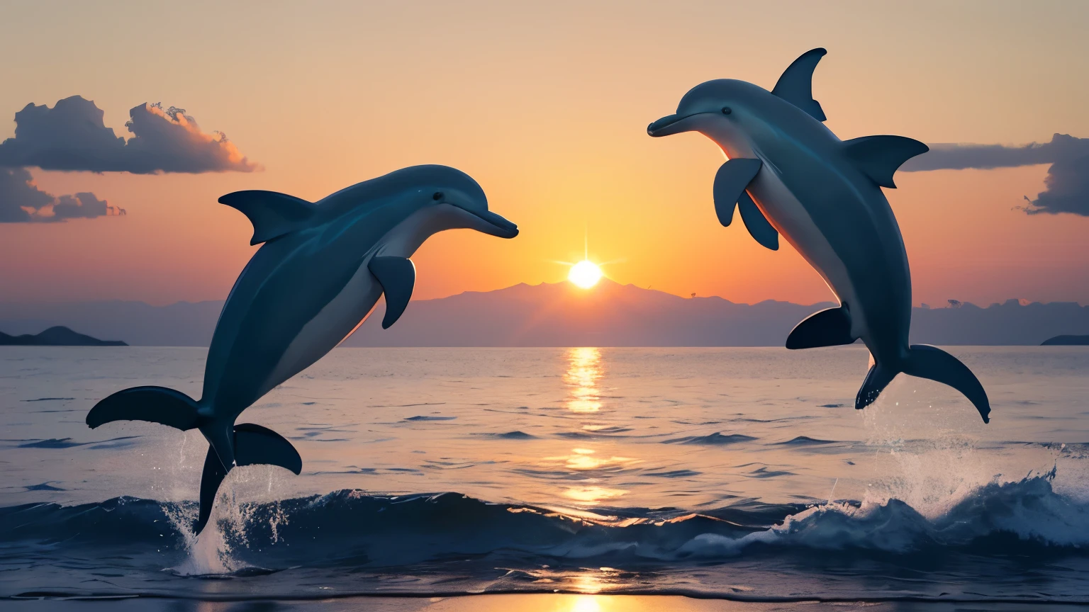 Mystical dolphin jumping out of water at sunset, ethereal glow, spiritual energy, awe-inspiring, photorealistic, 4K, detailed