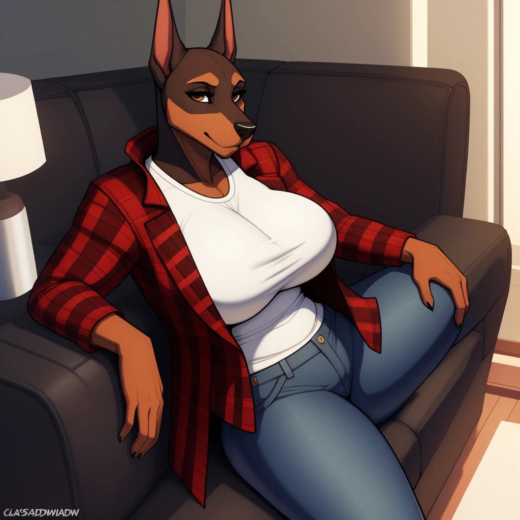 Very_muscular_mature_doberman female dark_brown_two-tone_furry_body brown_eyes milf plaid_jacket white_t-shirt jeans leaned_back couch wife solo Masterpiece best_quality absurdres highly_detailed cleanly_drawn_eyes anthro_only large_breasts by_claweddrip, by_greasymojo, by_underscore-b, by_runawaystride