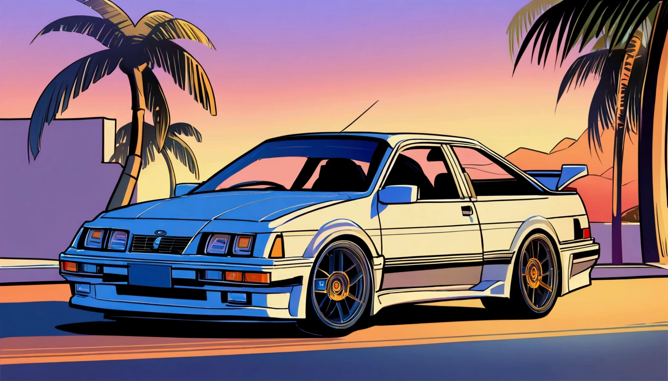((ＴShirt Design)), Ford Sierra RS Cosworth(1985), Sunset background, Palm tree, Layers with 5 colors, Corner Street, Belek&#39;s Drums, Plethean, 