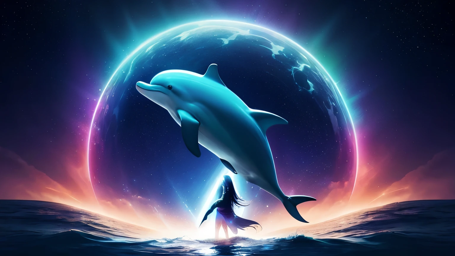 Dolphin surrounded by cosmic energy, Sirius star in background, ethereal light beams, spiritual messenger concept, digital art, vibrant colors