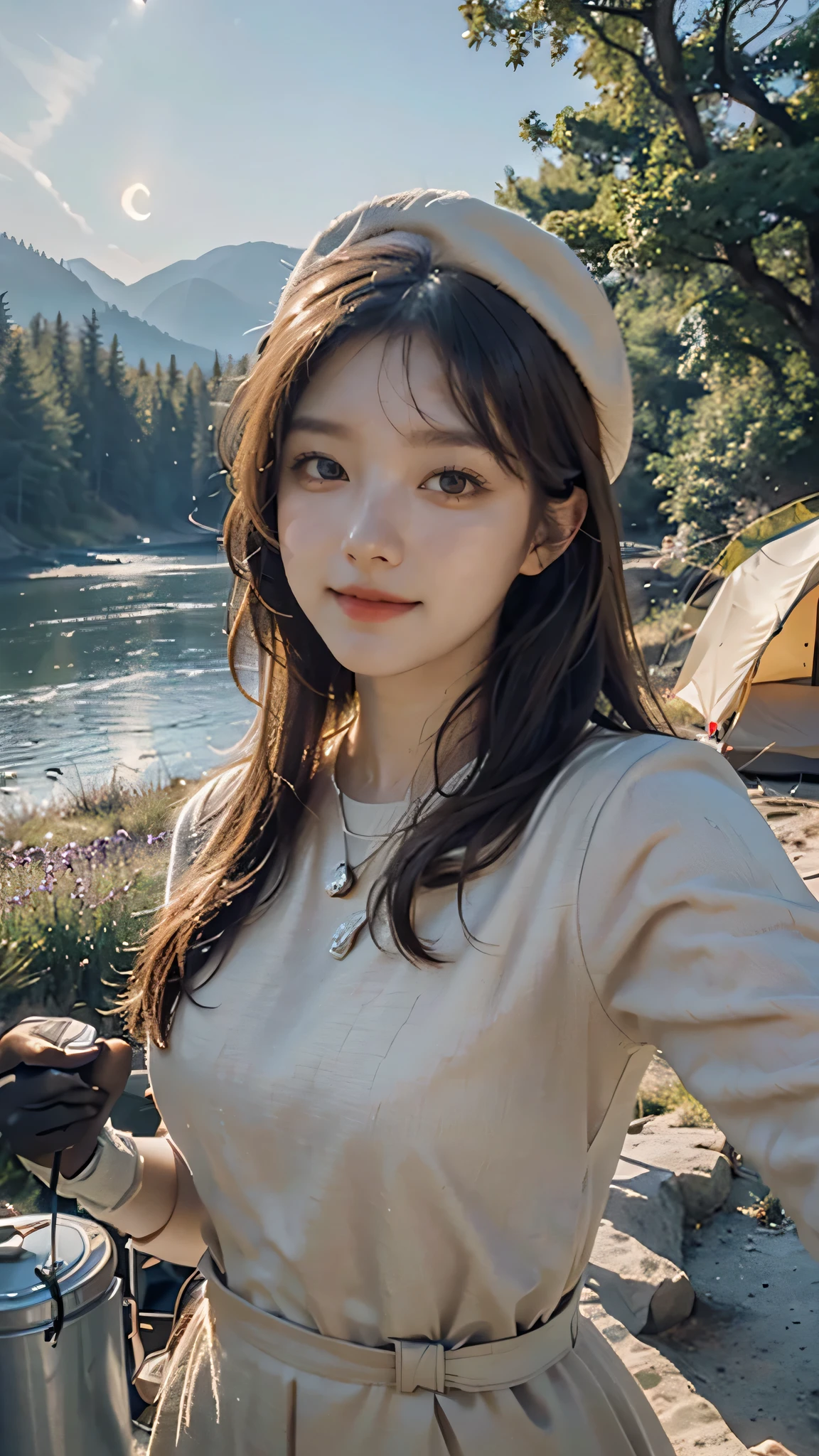 1 woman((upper body selfie, happy)), masterpiece, best quality, ultra-detailed, solo, outdoors, (night), mountains, nature, (stars, moon) cheerful, happy, backpack, sleeping bag, camping stove, water bottle, mountain boots, gloves, sweater, hat, flashlight, forest, rocks, river, wood, smoke, shadows, contrast, clear sky, analog style (look at viewer:1.2) (skin texture) (film grain:1.3), (warm hue, warm tone), strap less blouse of lavender color