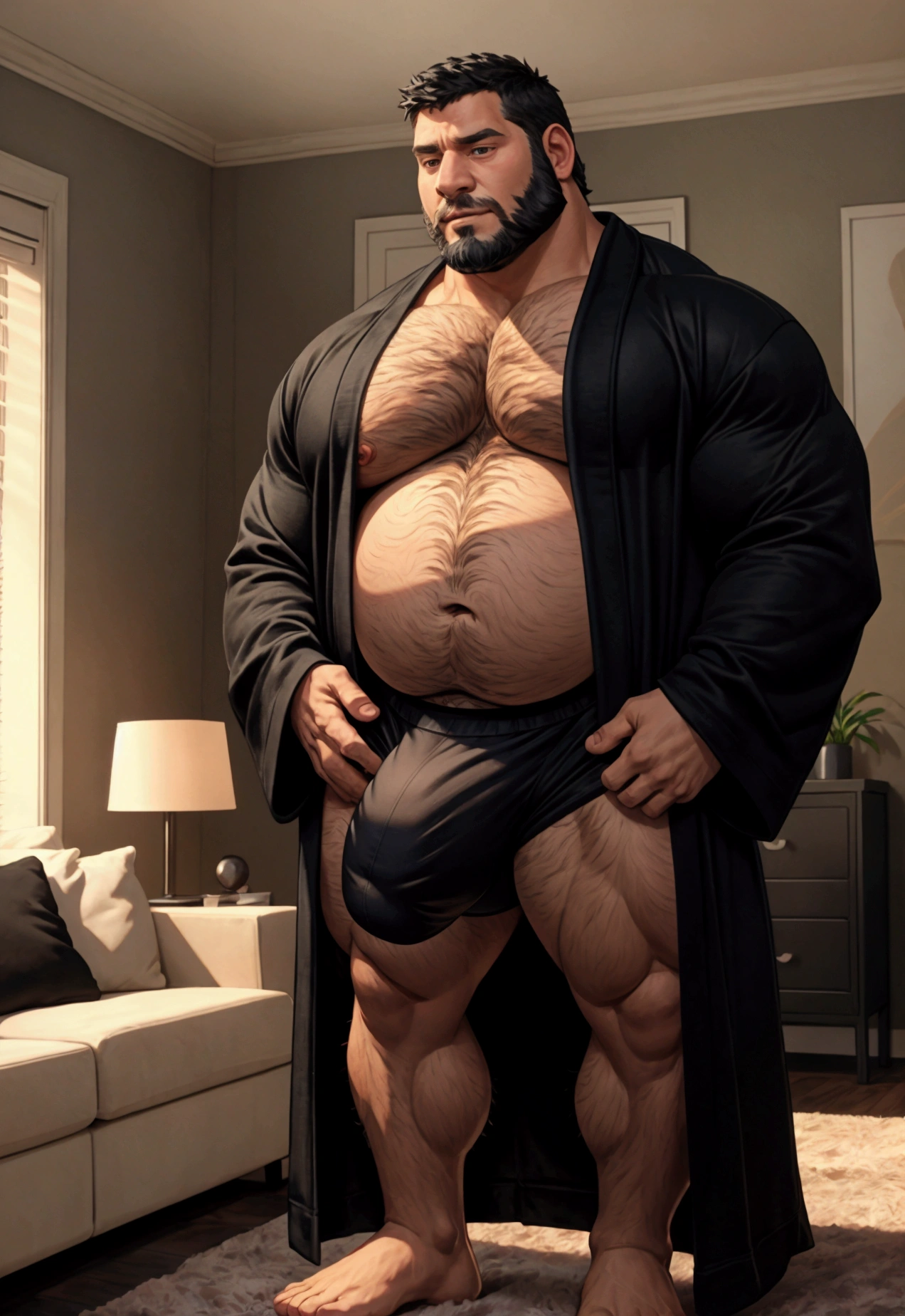 40 years old white Male, tall, giant body, masculine, handsome, dad bod, beefy, strong arms and legs, wide shoulders, a bit chubby muscle gut, a bit of fat but still very muscular, (extremely hairy), (a lot of body hair), short beard, untie black bathrobe with long sleeves, ((black brief with a oversized huge bulge)), barefoot, smirking, modern minimalist living room