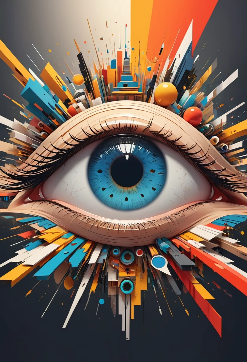 a highly detailed, abstract geometric eye, deconstructed eye architecture, minimalist, geometric shapes, strong sense of space, flat design, vector art, poster design, (best quality,8k,highres,masterpiece:1.2),ultra-detailed,(realistic,photorealistic,photo-realistic:1.37),HDR,UHD,studio lighting,ultra-fine painting,sharp focus,physically-based rendering,extreme detail description,professional,vivid colors,bokeh