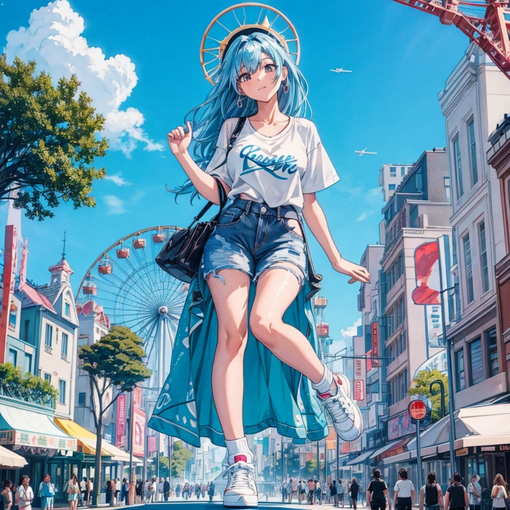 masterpiece　　Unreal Engine　Anime Style　Delicate painting　4K　90's　giant　crowd　 　amusement park　to　amusement parkに立っている巨大な女の子　Ferris wheel　ジェッtoコースター　　crowd　スカーto　Big Breasts　White T-shirt　Summer clothes　Short sleeve　Private Server　sneakers　White socks　watch　Black Hair　　smile　blue sky　cumulonimbus　Contrail　female giant giant girl Whole body 　 Destroyed skyscrapers Destroyed cars Crowd Unreal Engine,cleavage ,a drawing of a , earrings, long hair, 1980s (style) Cute picture　Beauty　Analog style　whole body　sneakers　