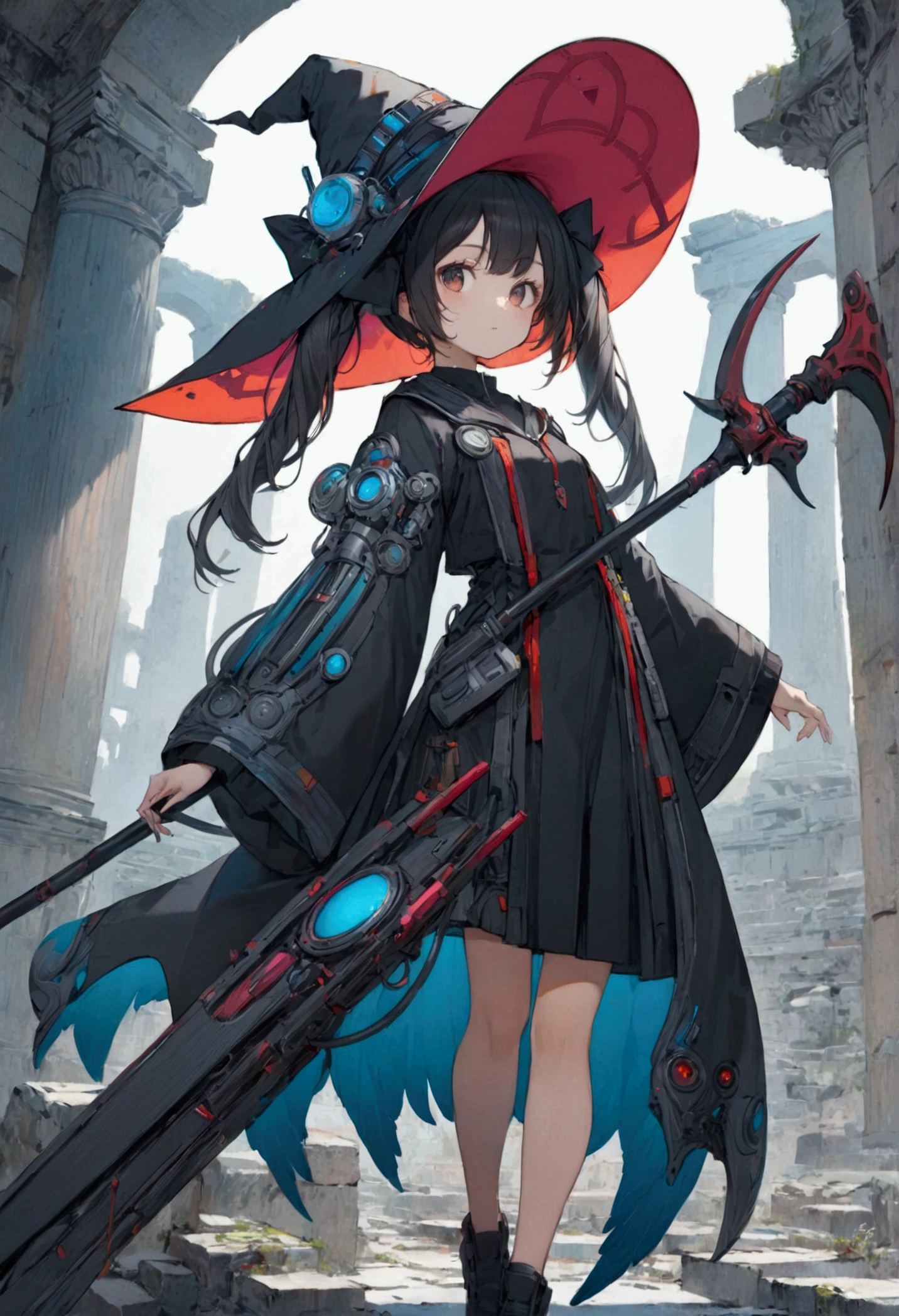 witch hat, twin tails, scythe, angel wings, sci-fi clothes, ancient ruins