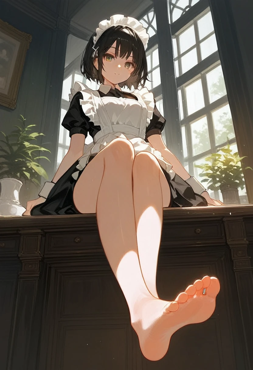 (score_9,score_8_superior,score_7_superior,score_6_superior,score_5_superior,score_4_superior),One girl,alone,Maid,Maid headdress,View your viewers,apron,Black Hair,Maid服,indoor,Black Hair,barefoot,Feet Focus,
