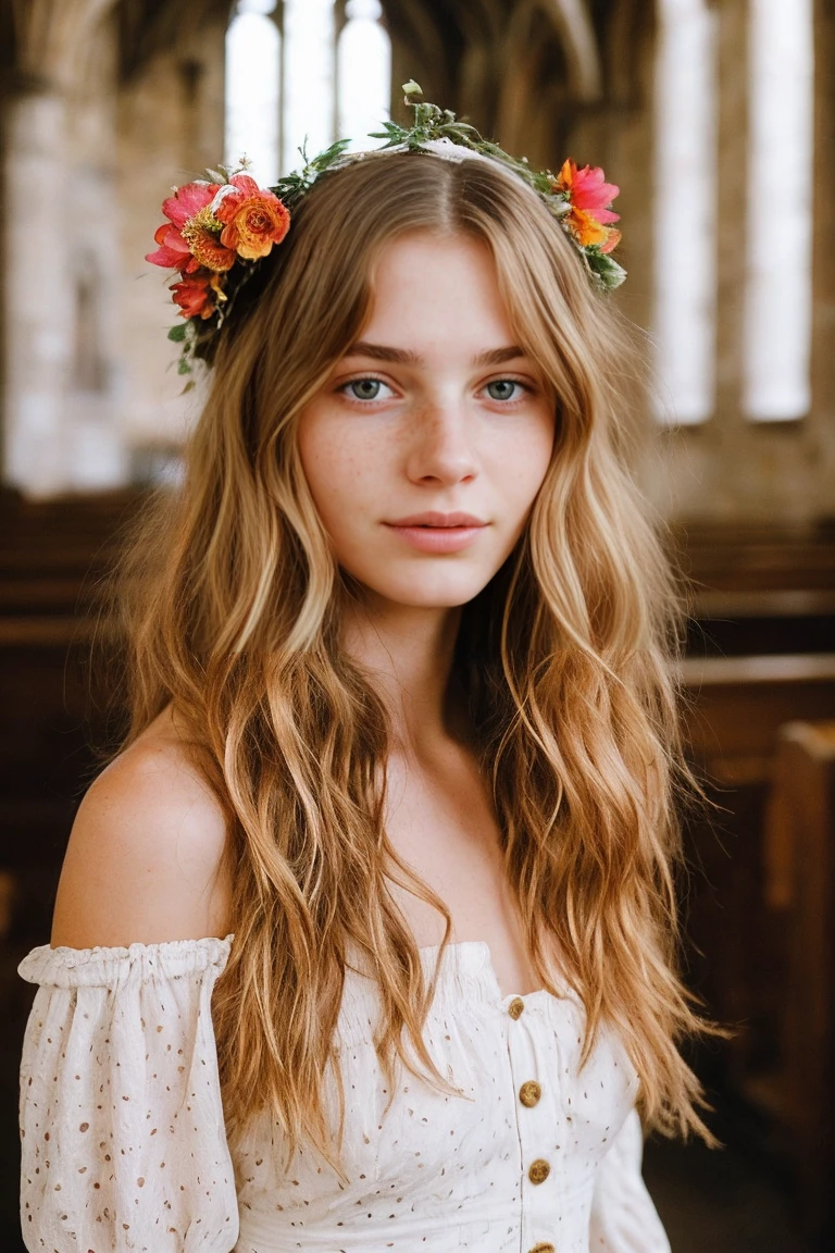 realistic photo of a 17-year-old girl, beautiful face, cute appearance, long wavy blonde hair with bangs, freckles, in an off-shoulder dress, standing in an old church, relaxed expression, brimming with emotion, interplay of contrast along with detailed light and shadow, depth of field, dark atmosphere with candlelight scenario, wearing overalls with flower crown