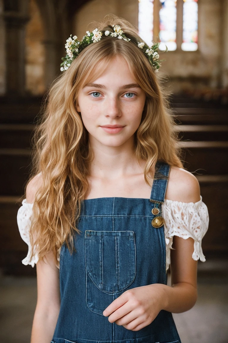 realistic photo of a **-****-*** girl, beautiful face, cute appearance, long wavy blonde hair with bangs, freckles, in an off-shoulder dress, standing in an old church, relaxed expression, brimming with emotion, interplay of contrast along with detailed light and shadow, depth of field, dark atmosphere with candlelight scenario, wearing overalls with flower crown