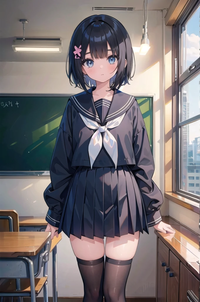 (masterpiece),  1girl,  short hair,  bob hair,  black hair,  hair ornament,  hair ribbon,  ,  serafuku,  thighhigh,  classroom