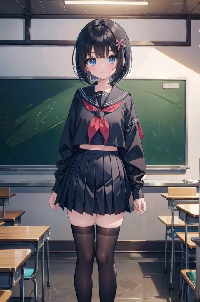 (masterpiece), 1girl, short hair, bob hair, black hair, hair ornament, hair ribbon, , serafuku, thighhigh, classroom