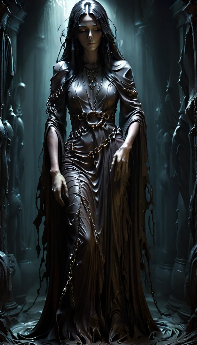 hyper realistic photography.Create an image of a woman figure shrouded in a swirling black hair, and chain, tattered and torn, with a dark and ethereal form that gives the impression of a mysterious and otherworldly presence. The figure should be central in the composition, with the surrounding forms suggesting movement and an almost ghostly quality. background of dark dirty back alley city in night