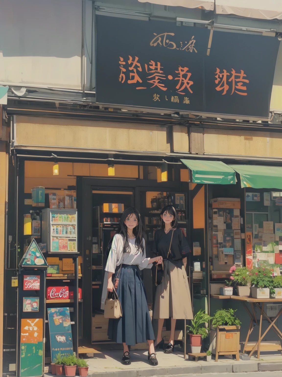 1girl, solo, long hair, breasts, looking at viewer, blush, smile, blue eyes, skirt, shirt, black hair, closed mouth, standing, white shirt, short sleeves, pleated skirt, indoors, plaid, leaning forward, red skirt, plaid skirt, arms behind back, can, locker, shop, vending machine, coca-cola