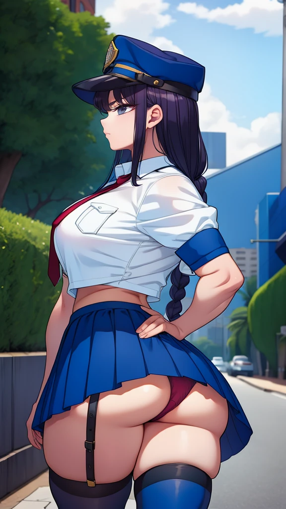 a cartoon character in a sexy suit posing on the street with a bush, police officer, police uniform, 1 girl, police woman, shirt, skirt, hat, tie, police cap, blue eyes, gloves, breasts, purple hair very dark, thighs, solo, navel, garter straps, looking at viewer, short sleeves, large breasts, underwear, miniskirt, midriff, ass visible through thighs, panties, outdoors, indentation, braid, hand in hand hip, belt, black skirt, uniform, collared shirt, frown, thigh highs, peaked cap, crop top, black panties, blue shirt, chest pocket, V-shaped eyebrows, Eiko Tsukimi, blue eyes, purple hair very dark baseball cap