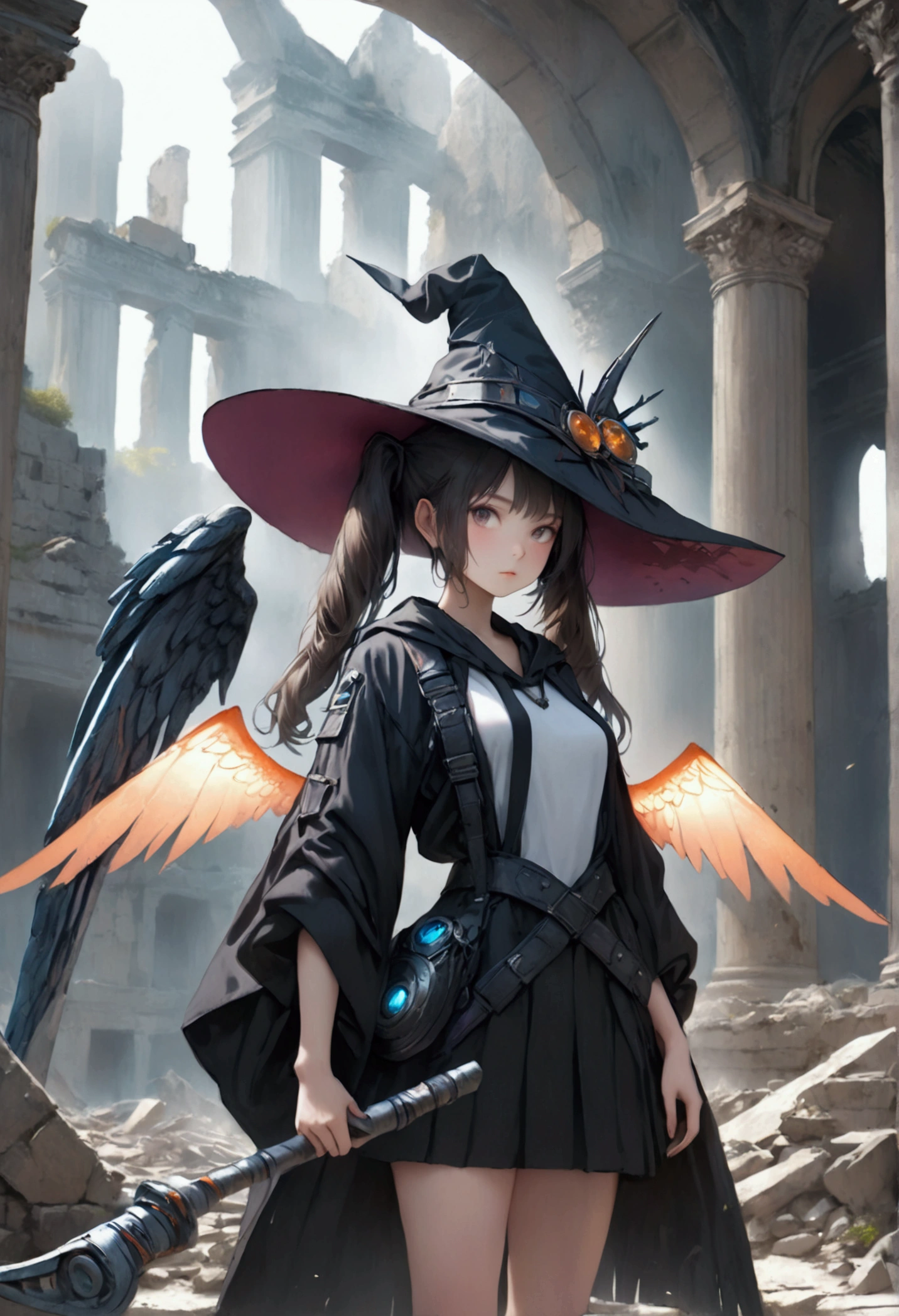 a beautiful girl wearing a witch hat with twin tails, holding a scythe, with angel wings and sci-fi clothes, in the ruins of an ancient civilization, (best quality,4k,8k,highres,masterpiece:1.2),ultra-detailed,(realistic,photorealistic,photo-realistic:1.37),fantasy,concept art,digital art,intricate details,highly detailed face,elegant expression,dramatic pose,moody lighting,cinematic composition,vibrant colors,glowing effects