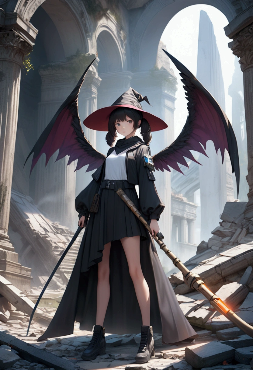 a beautiful girl wearing a witch hat with twin tails, holding a scythe, with angel wings and sci-fi clothes, in the ruins of an ancient civilization, (best quality,4k,8k,highres,masterpiece:1.2),ultra-detailed,(realistic,photorealistic,photo-realistic:1.37),fantasy,concept art,digital art,intricate details,highly detailed face,elegant expression,dramatic pose,moody lighting,cinematic composition,vibrant colors,glowing effects