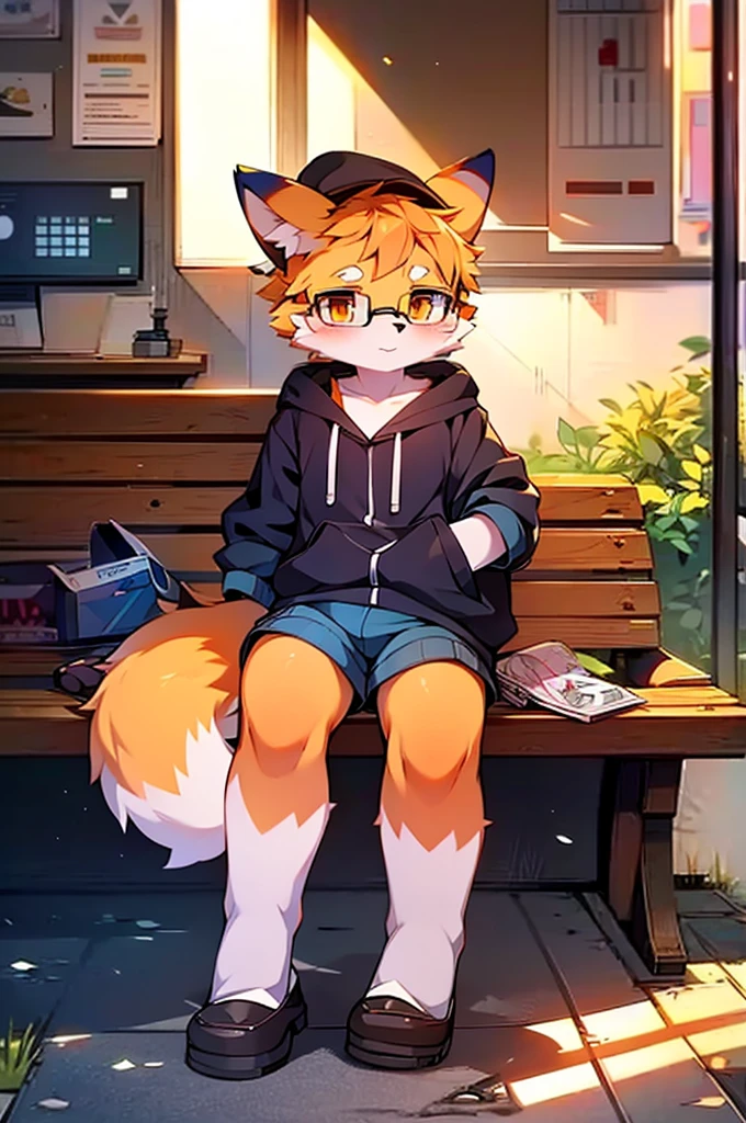 Anime-style drawing of a fox wearing a hat and glasses sitting on a bench, Fashionably dressed fursona, Fox Girl, Cute fox, Anthropomorphic fox, artstation pixivでトレンド, Full Body Commission, High quality anime art style, High resolution consignment, Anthropomorphic fox, High quality fan art, Anthropomorphic Cyberpunk Fox