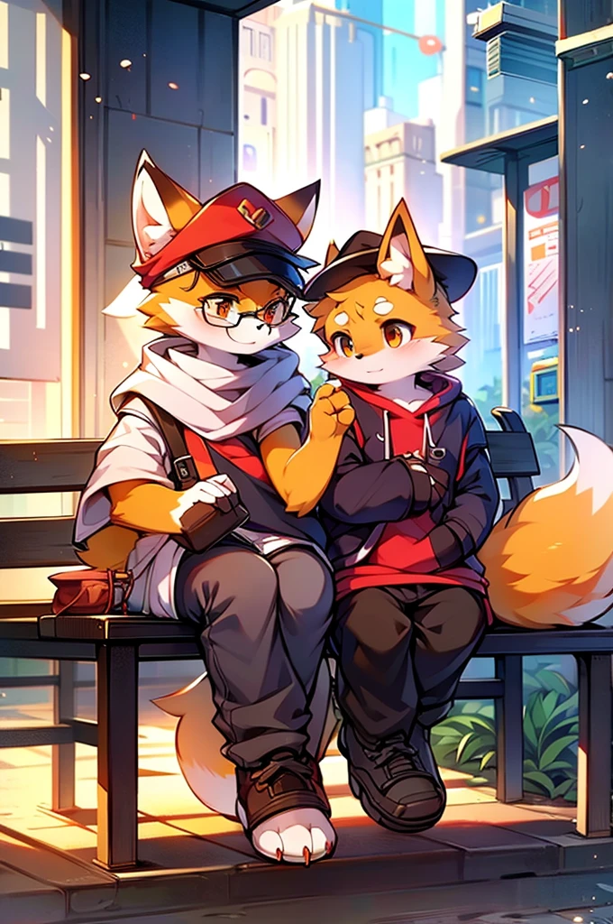 Anime-style drawing of a fox wearing a hat and glasses sitting on a bench, Fashionably dressed fursona, Fox Girl, Cute fox, Anthropomorphic fox, artstation pixivでトレンド, Full Body Commission, High quality anime art style, High resolution consignment, Anthropomorphic fox, High quality fan art, Anthropomorphic Cyberpunk Fox