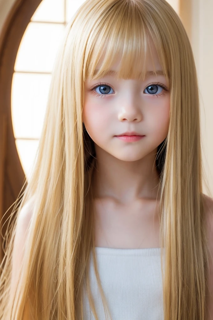 Beautiful super long straight hair、Shining gold color、Bright expression、naked,Open your and show it off,Bright blonde girl posing、Long golden bangs over the eyes and nose,,,,,,、Shiny white skin、Shining Cheeks、Reality Girls、9-year-old girl、Beautiful girl in shining platinum blonde、Beautiful big bright blue eyes