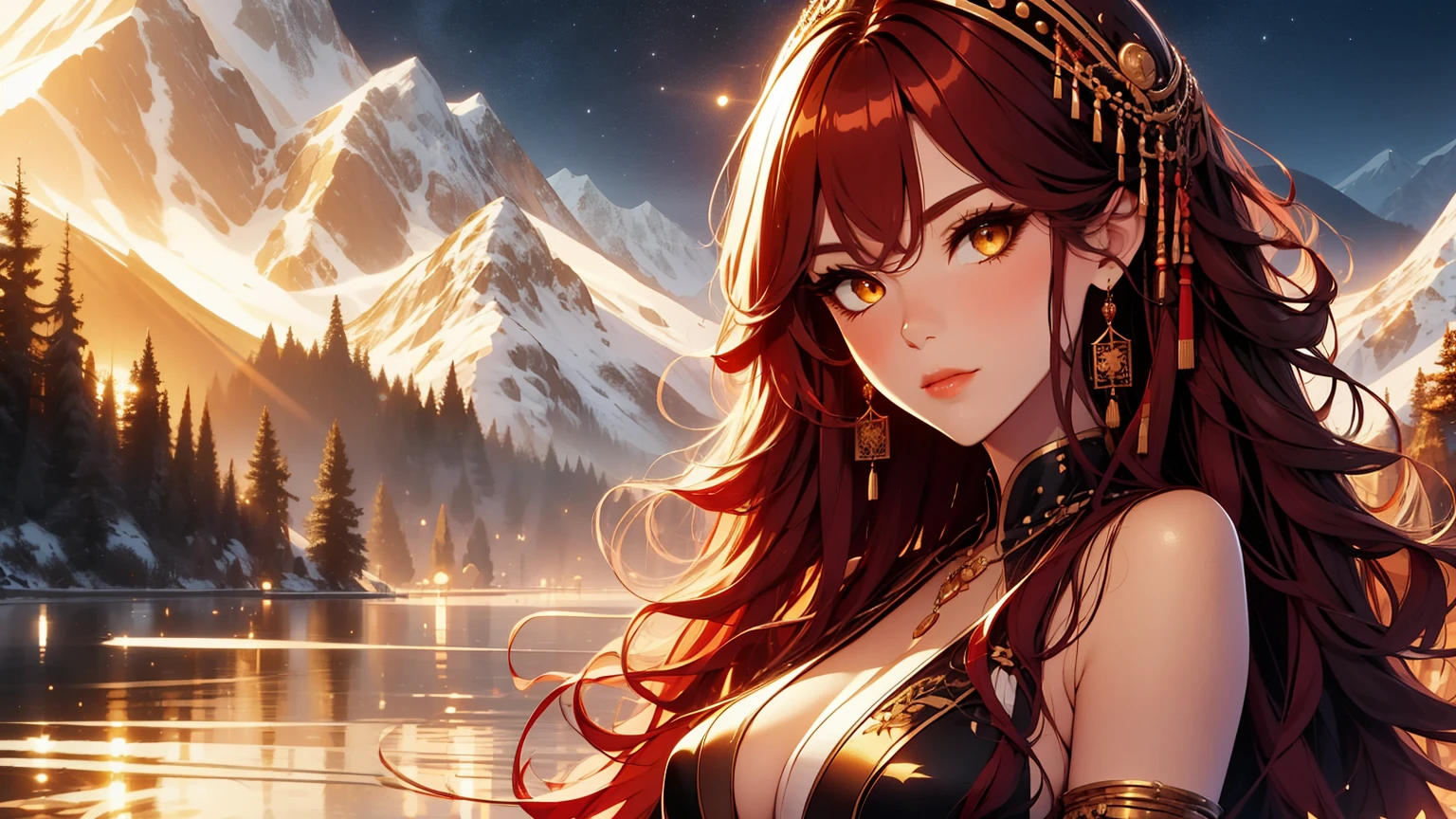 beautiful, marika, queen marika, black dress, low neckline, wavy red hair, golden eyes, chest, one piece dress, sexy, sensual, starry sky, mountains in the background, night, night, dark night, seductive, alone , solo , solo girl, 1 girl, perfect anatomy, maximum sharpness, high resolution, UHD, tailor, holding tailor,