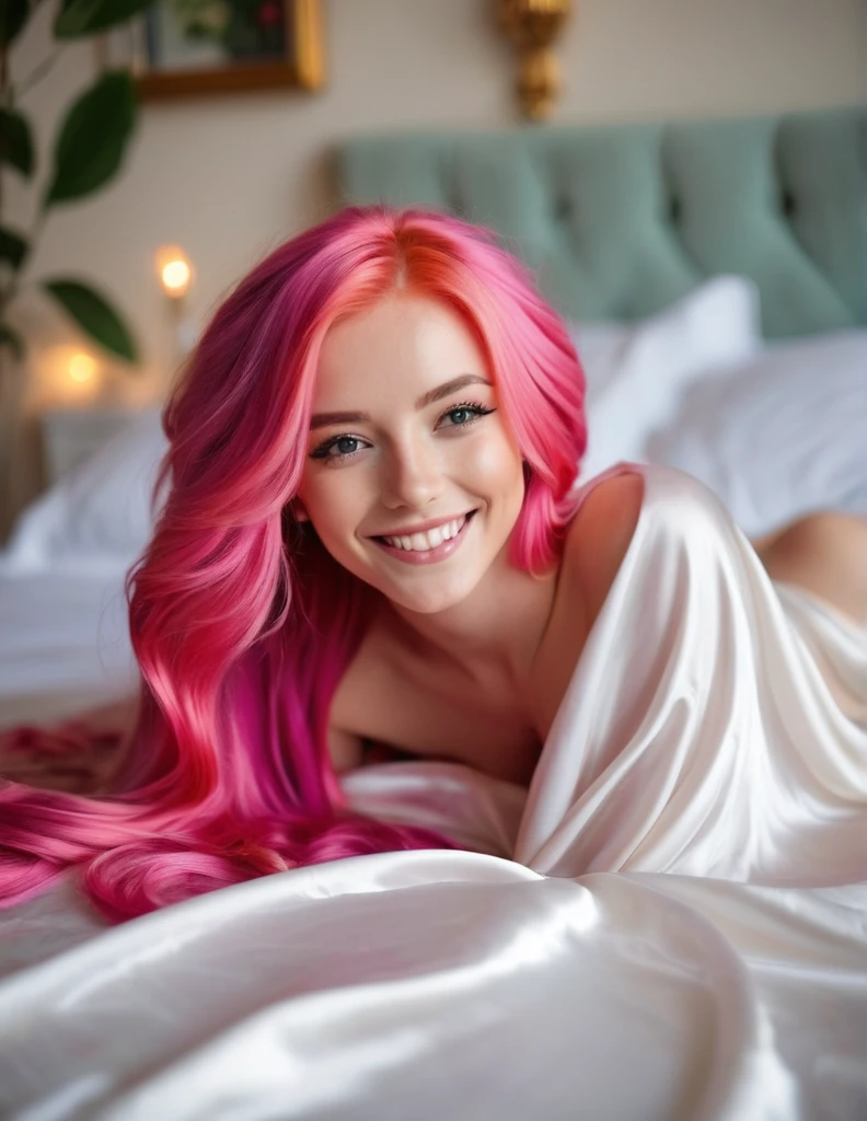 Very attractive 25 year old with long bright pink hair, lying in bed, naked covered with a silk sheet, bed hair,  smileing