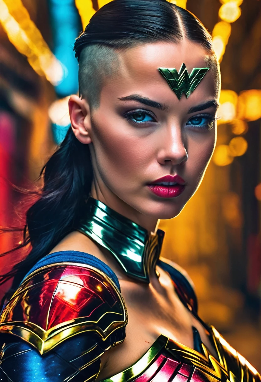 (((In extreme close-up, a beautiful Cyber Punk woman with a completely shaved head Diaema led Wonder Woman Adriana Lima under the mantle of the Amazon warrior Wonder Woman (((Completely shaved head))),(((Diaema Led Wonder Woman front images images color Splash))),(((Diaema LED))),((((skinhead)))),(((Diaema led Wonder Woman))),((((((led))))))