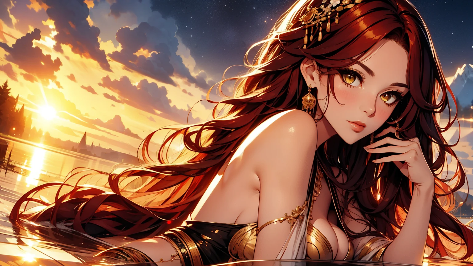 beautiful, marika, queen marika, black dress, low neckline, wavy red hair, golden eyes, chest, one piece dress, sexy, sensual, starry sky, mountains in the background, night, night, dark night, seductive, alone , solo , solo girl, 1 girl, perfect anatomy, maximum sharpness, high resolution, UHD, tailor, holding tailor,