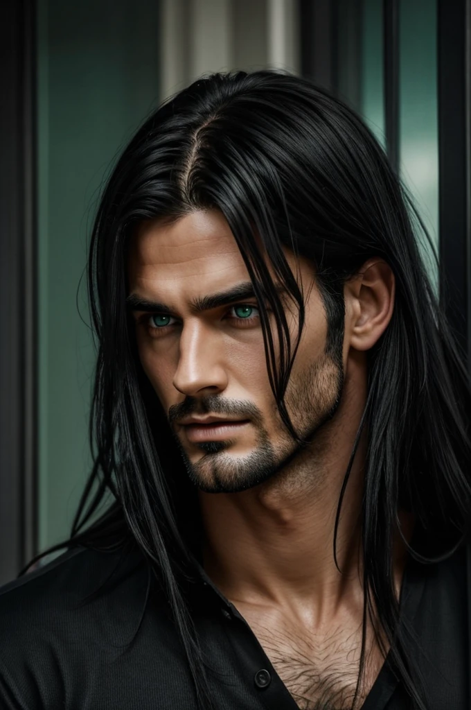 man, handsome, 4k, with black clothes, green eyes, clear skin, long black hair, realistic without imperfections, serious, qué handsome
