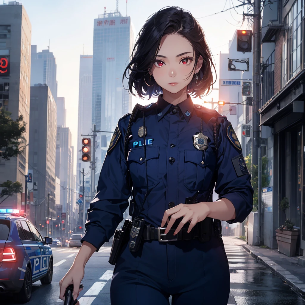 Highest quality、masterpiece、8K、Realistic、超High resolution、Very delicate and beautiful、High resolution、Cinema Lighting、medium range shooting、Perfect female body、Beautiful woman、Mature Woman、Beautiful Eyes、Cityscape、(hime cut:1.8、Red eyes、short hair:1.8、Black Hair、Purple ribbon)、((Female police officer:1.4、Navy blue female police officer、Female police officer&#39;s cap、Uniform Buttons、Navy blue tie、Uniform jacket、White gloves))、pantyhose、Pencil Skirt、Stiletto heel pumps、Police Badge、Epaulettes、