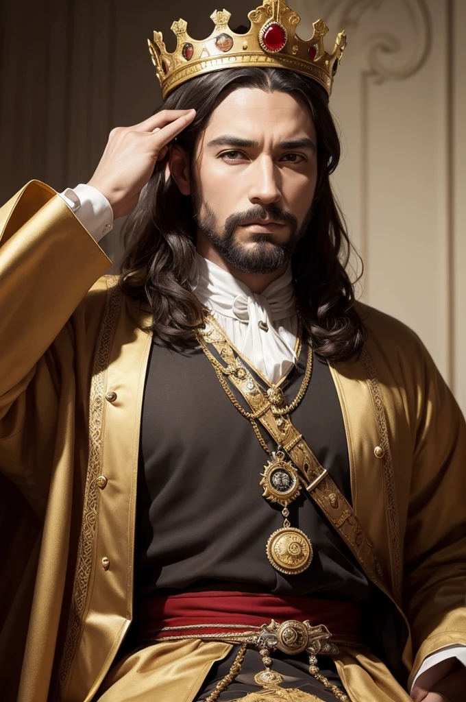 Create a photo with a king "realisitic" behind the photo in front of the photo writes THE OF KINGS