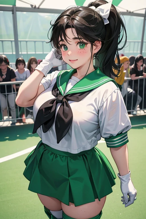 A chubby girl with freckles and black hair in a ponytail, dressed as Sailor Jupiter, wearing green boots and white gloves with a shy look on her face. Comiket Venue