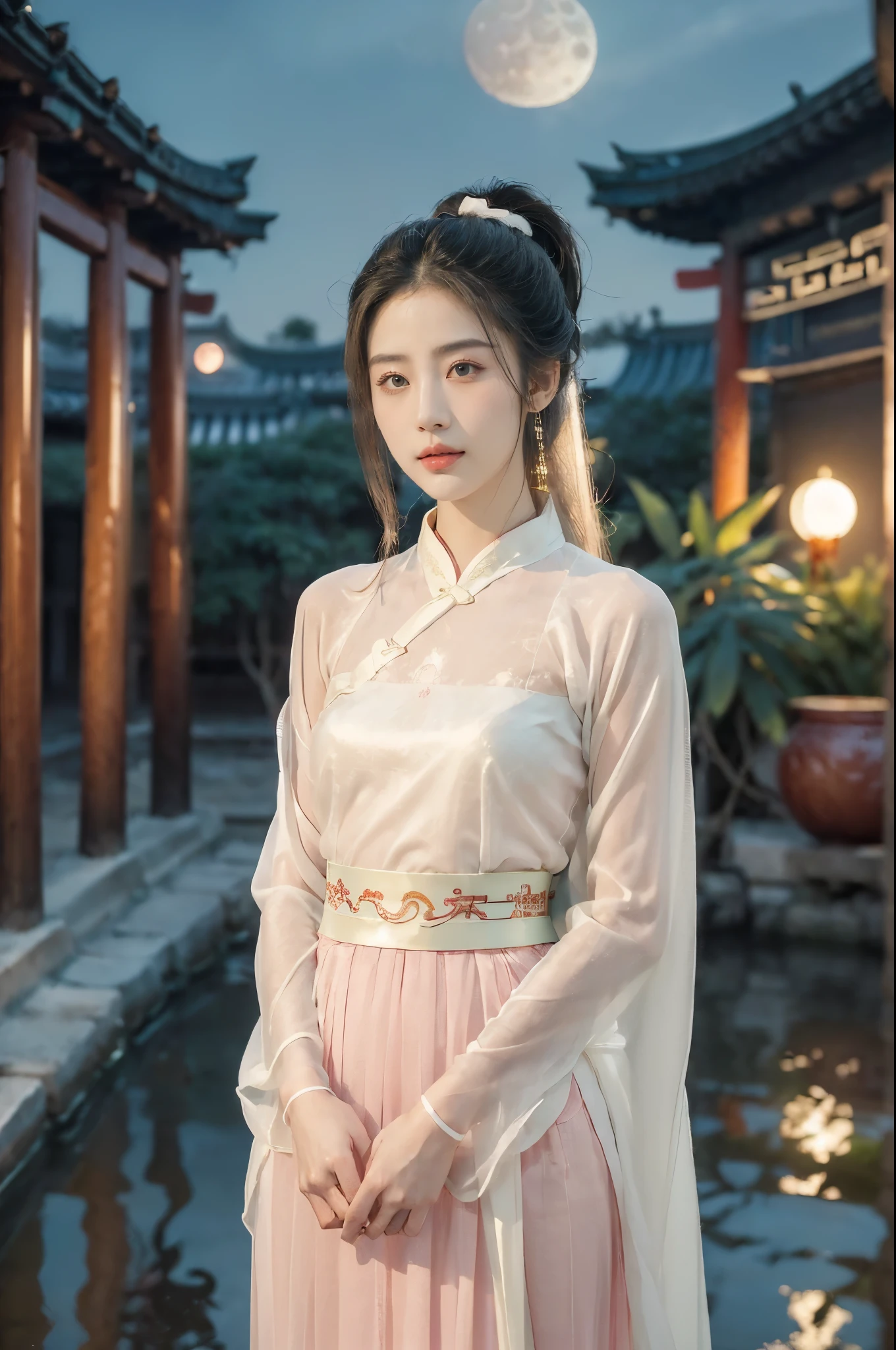 (((best quality))),(((ultra detailed))),(((masterpiece))),illustration,((1 beautiful girl,solo)),(short ponytail:1.2),((bright eyes,gentle smile)),((slim,thin)),((small breasts,flat chest)),(white see through sheer Hanfu:1.3),flowing fabric,serene demeanor,vibrant plants and trees,(Chinese-style architecture:1.3),tile roofs,intricate wooden carvings,rich and vivid colors,(serene glow of the moon:1.5),(((colorful clouds))),traditional Chinese garment,(((summer night,village courtyard))),(standing:1.3),(arms behind back:1.3),((from front,upper body))