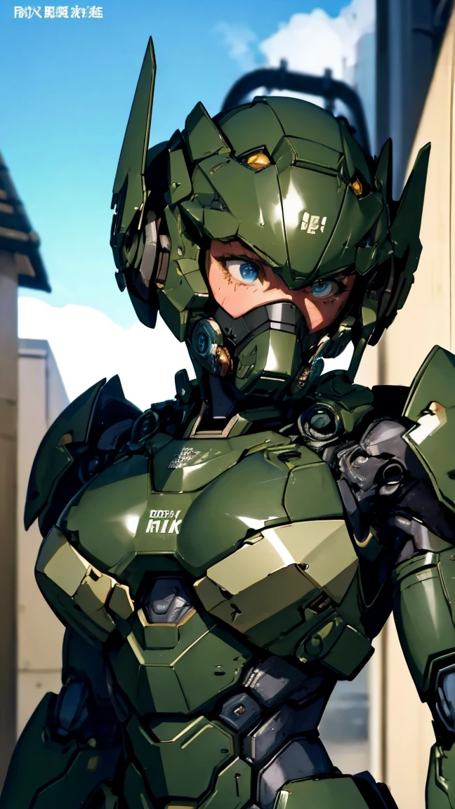 Textured skin, Super Detail, high details, High quality, Best Quality, hight resolution, 1080p, hard disk, Beautiful,(War Machine),beautiful cyborg woman,Dark Green Mecha Cyborg Girl,Battle Mode,Girl with a Mecha Body,She wears a futuristic war machine weapon mech、Very Shorthair、sweaty brown eyes、Sweaty face、troubled look a gas mask (Taking off full face)